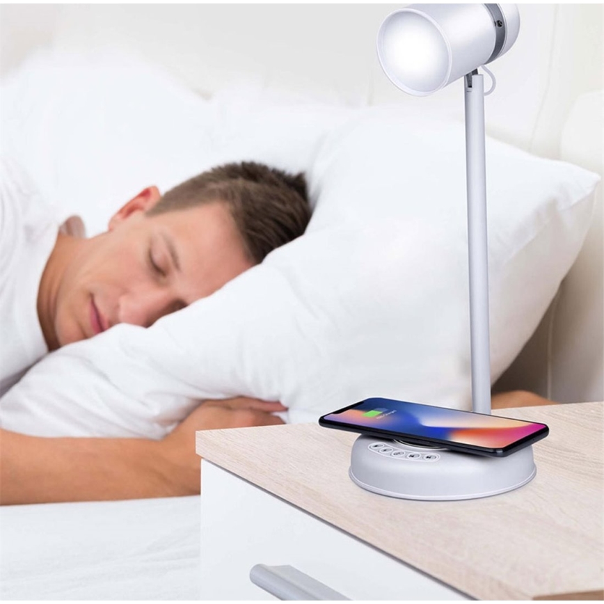 Grundig - LED-bordlampe med trådløs opladning og indbygget højttaler 3-i-1 LED/15W/5V