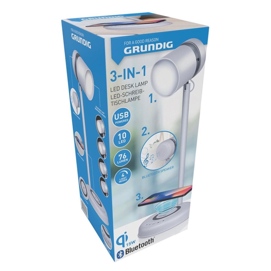 Grundig - LED-bordlampe med trådløs opladning og indbygget højttaler 3-i-1 LED/15W/5V