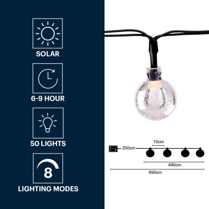 Grundig - Soldrevet LED lyskæde 50xLED/8 funktioner 6,9 m varm hvid