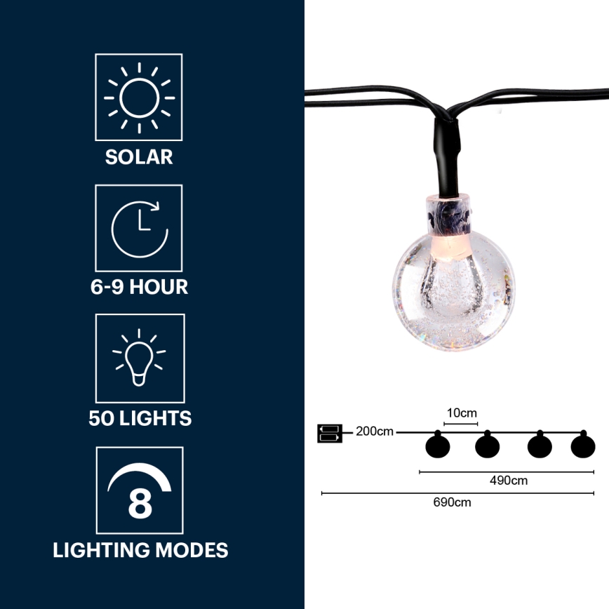 Grundig - Soldrevet LED lyskæde 50xLED/8 funktioner 6,9 m varm hvid
