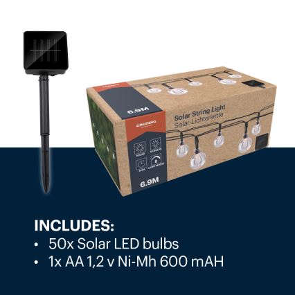 Grundig - Soldrevet LED lyskæde 50xLED/8 funktioner 6,9 m varm hvid