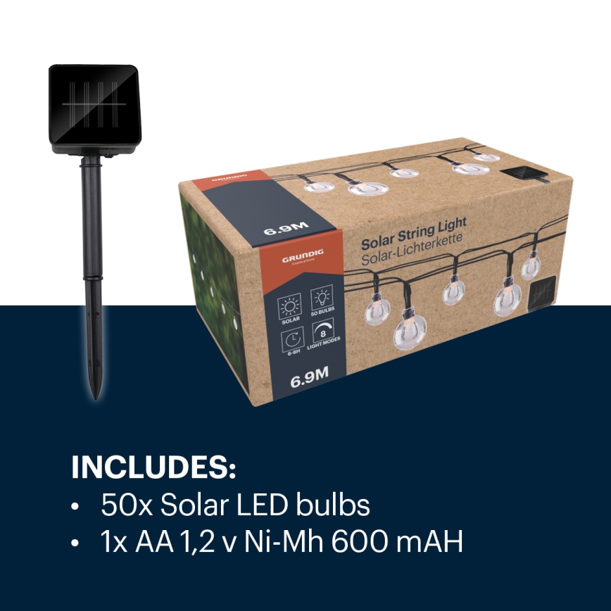 Grundig - Soldrevet LED lyskæde 50xLED/8 funktioner 6,9 m varm hvid