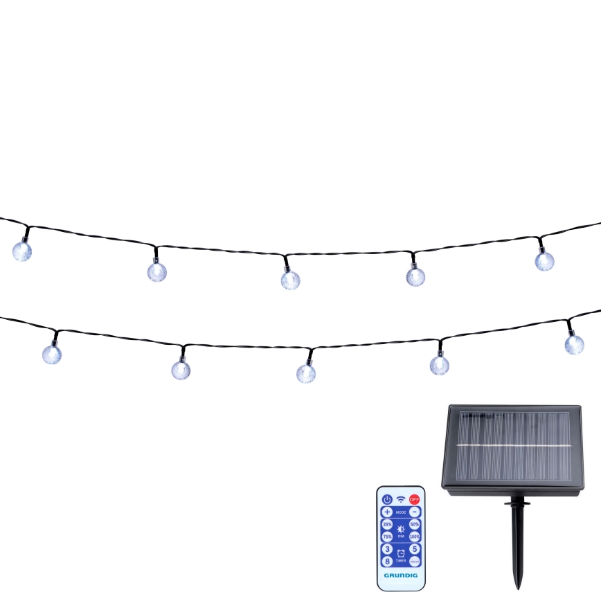 Grundig - Soldrevet LED lyskæde dæmpbar 50xLED/8 funktioner 9,35 m varm hvid + fjernbetjening
