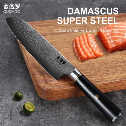 Gudaro - Santoku-køkkenkniv i damaskusstål AKIRO 7, 67-lags stål, klingelængde 17,5 cm, sort