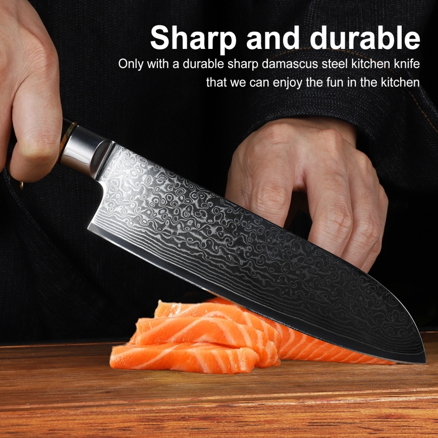 Gudaro - Santoku-køkkenkniv i damaskusstål AKIRO 7, 67-lags stål, klingelængde 17,5 cm, sort