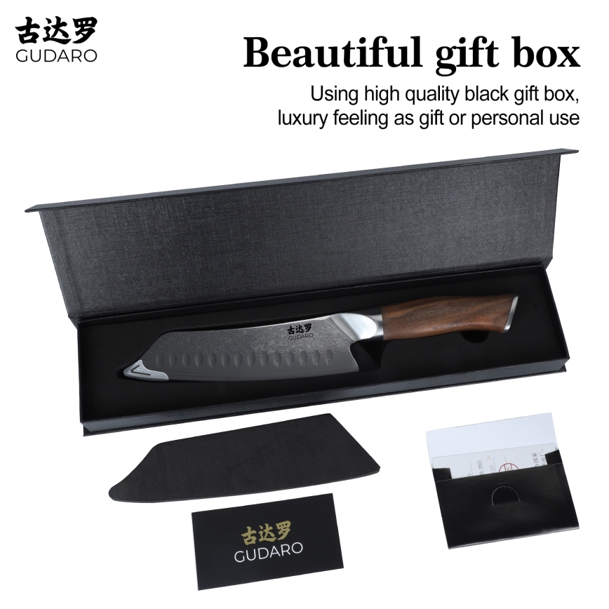 Gudaro - TAKUMI Santoku-køkkenkniv 7, i damaskusstål med 67 lag, længde 17,5 cm, valnøddetræ