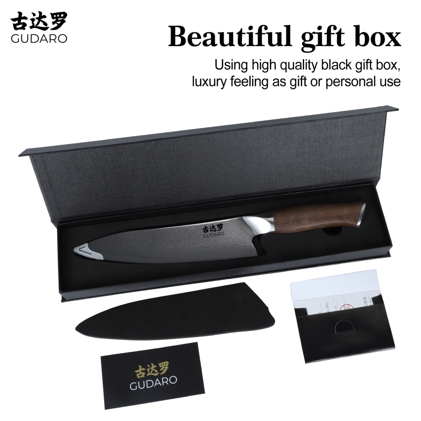 Gudaro - Kokkekniv i damaskusstål TAKUMI 8, 67 lag stål, bladlængde 20 cm, valnøddetræ