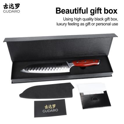 Gudaro - KENSHO Santoku-køkkenkniv 7, damaskusstål i 67 lag, længde 17,5 cm