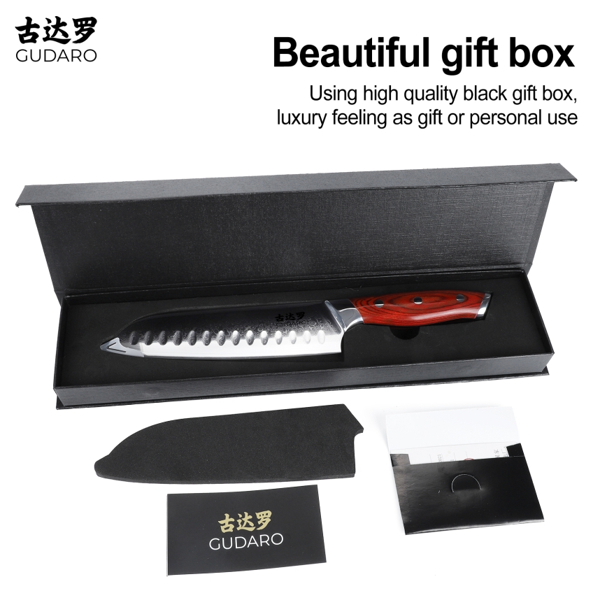 Gudaro - KENSHO Santoku-køkkenkniv 7, damaskusstål i 67 lag, længde 17,5 cm