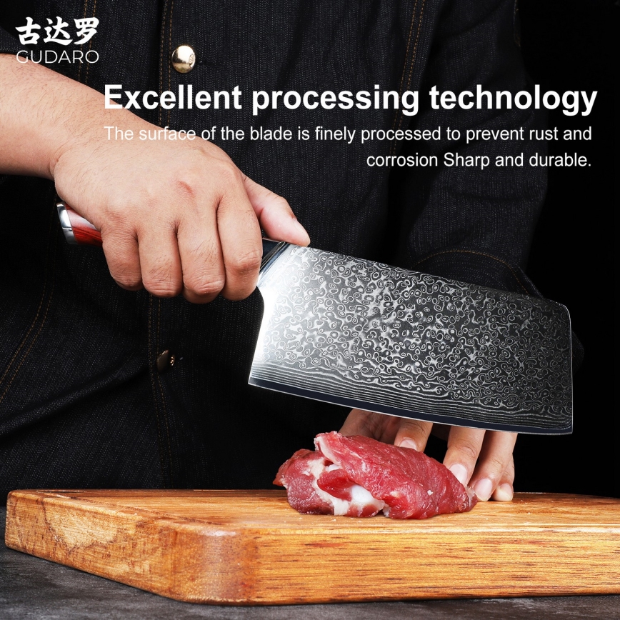 Gudaro - Damaskusstål køkkenøkse KENSHO 6,5, 67 lag stål, længde 16,2 cm