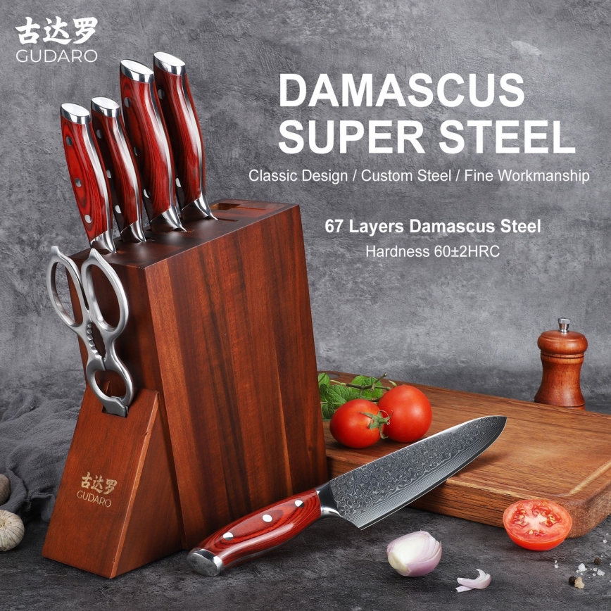 Gudaro - KENSHO 7-delt knivsæt med blok i akacietræ