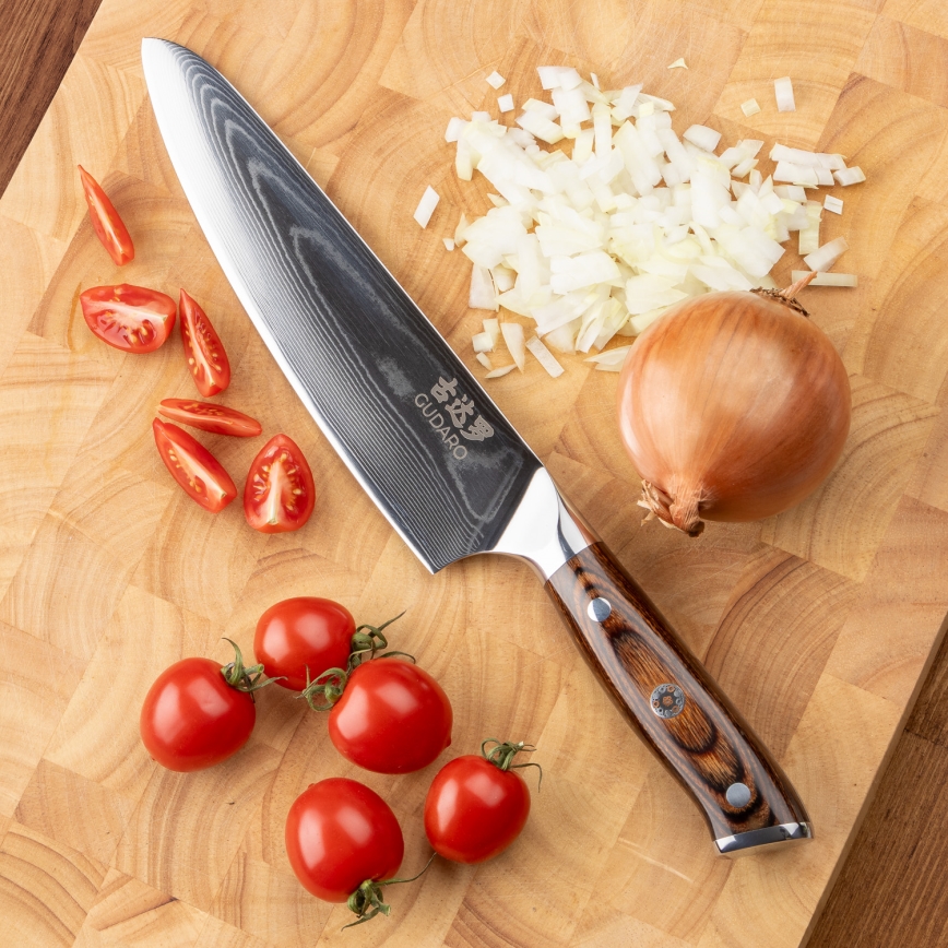 Gudaro - SÆT 1x chefkniv FENG 8, i damaskusstål (67 lag), længde 20 cm + 1x Santoku-kniv FENG 7,5, i damaskusstål (67 lag), længde 18 cm + 1x GRATIS frugtkniv FENG 3,5, i damaskusstål (67 lag), længde 9,5 cm