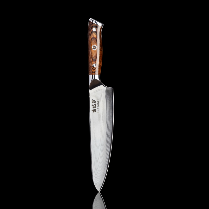 Gudaro - SÆT 1x chefkniv FENG 8, i damaskusstål (67 lag), længde 20 cm + 1x Santoku-kniv FENG 7,5, i damaskusstål (67 lag), længde 18 cm + 1x GRATIS frugtkniv FENG 3,5, i damaskusstål (67 lag), længde 9,5 cm