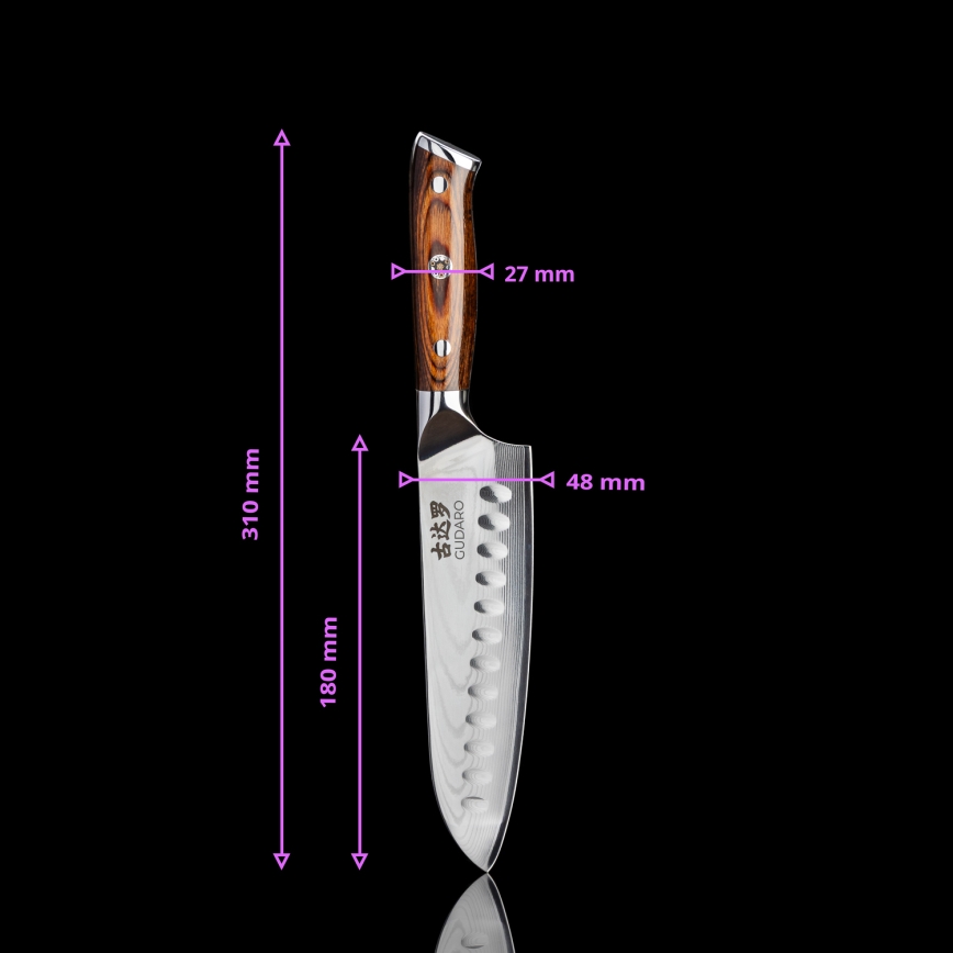 Gudaro - SÆT 1x chefkniv FENG 8, i damaskusstål (67 lag), længde 20 cm + 1x Santoku-kniv FENG 7,5, i damaskusstål (67 lag), længde 18 cm + 1x GRATIS frugtkniv FENG 3,5, i damaskusstål (67 lag), længde 9,5 cm
