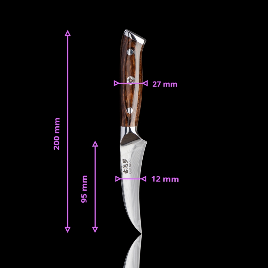 Gudaro - SÆT 1x chefkniv FENG 8, i damaskusstål (67 lag), længde 20 cm + 1x Santoku-kniv FENG 7,5, i damaskusstål (67 lag), længde 18 cm + 1x GRATIS frugtkniv FENG 3,5, i damaskusstål (67 lag), længde 9,5 cm