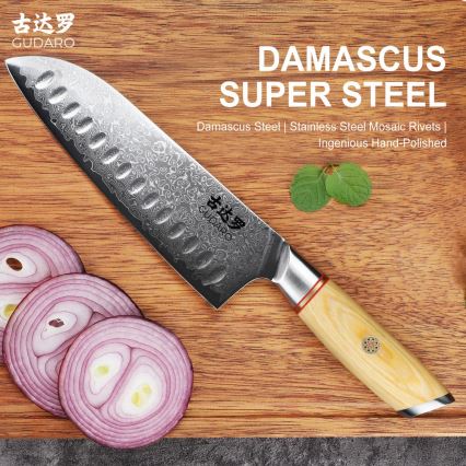 Gudaro - Santoku køkkenkniv HIKARI i damaskusstål 7, 67-lags stål, bladlængde 17,5 cm