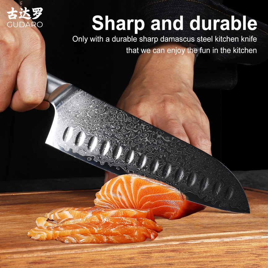 Gudaro - Santoku køkkenkniv HIKARI i damaskusstål 7, 67-lags stål, bladlængde 17,5 cm