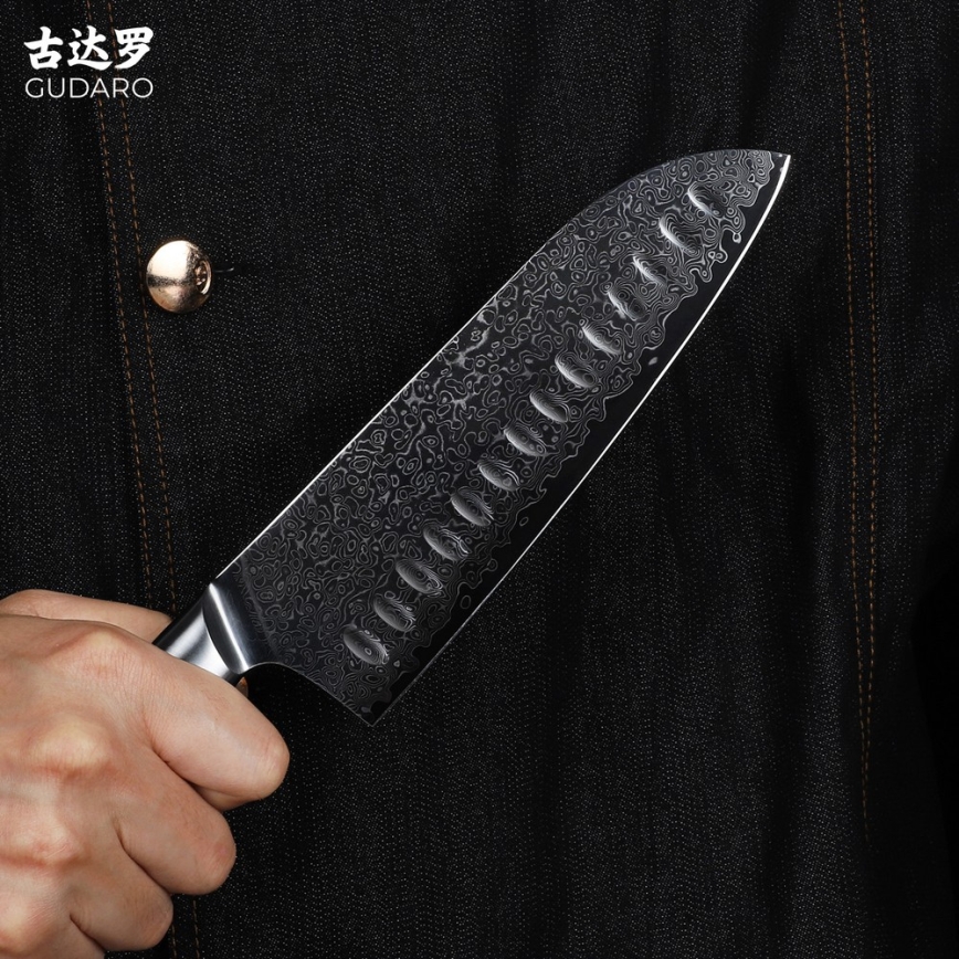 Gudaro - Santoku køkkenkniv HIKARI i damaskusstål 7, 67-lags stål, bladlængde 17,5 cm