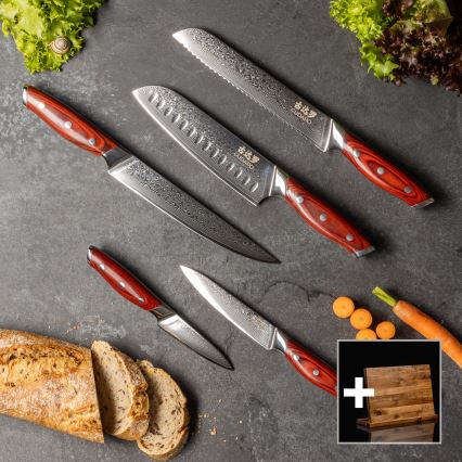 Gudaro - Sæt med 5 damaskus køkkenknive KENSHO + magnetisk knivholder