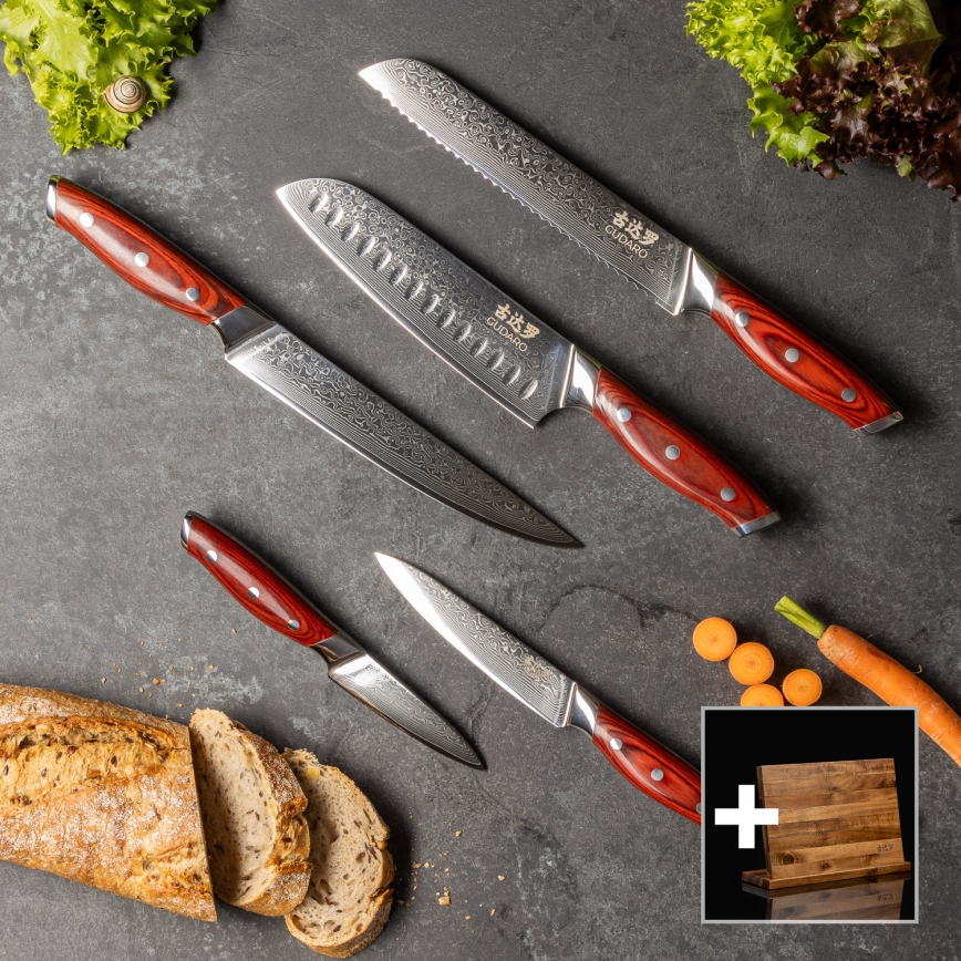 Gudaro - Sæt med 5 damaskus køkkenknive KENSHO + magnetisk knivholder