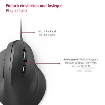 Hama - Ergonomisk mus med ledning 1000/1400/1800 DPI sort