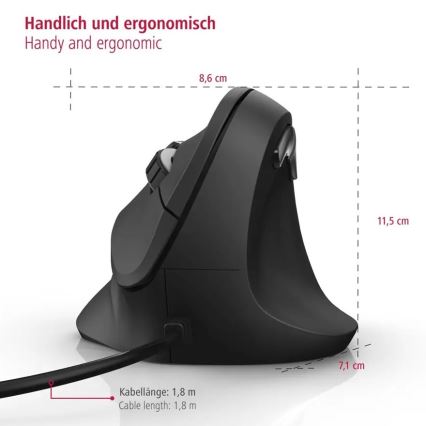 Hama - Ergonomisk mus med ledning 1000/1400/1800 DPI sort