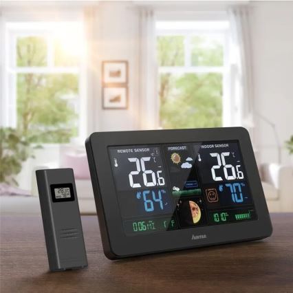 Hama - Vejrstation m. LCD-farvedisplay og vækkeur 230V/2xAA + USB sort