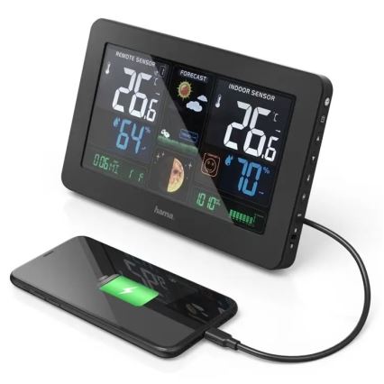Hama - Vejrstation m. LCD-farvedisplay og vækkeur 230V/2xAA + USB sort