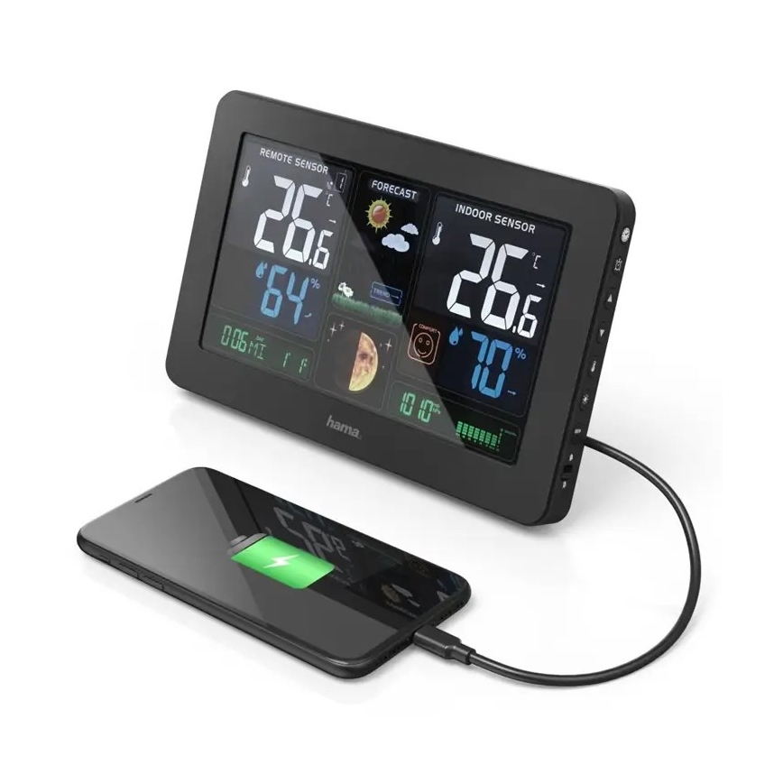Hama - Vejrstation m. LCD-farvedisplay og vækkeur 230V/2xAA + USB sort