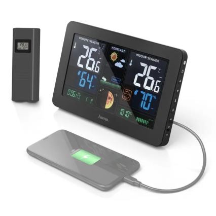 Hama - Vejrstation m. LCD-farvedisplay og vækkeur 230V/2xAA + USB sort