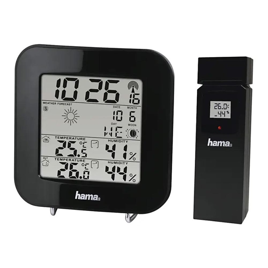Hama - Vejrstation med LCD-display og vækkeur 2xAA + 2xAAA sort