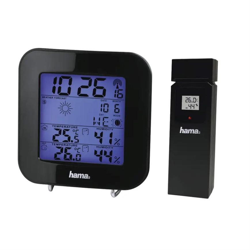 Hama - Vejrstation med LCD-display og vækkeur 2xAA + 2xAAA sort