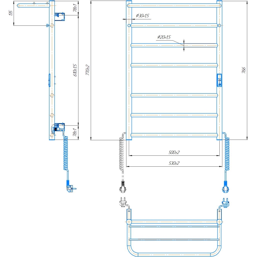 Håndklædevarmer til badeværelse HOME 95W/230V 77x53 cm, rustfrit stål/krom, højre