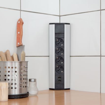 Hjørne stikkolonne 4x230V + 2xUSB-A sort/sølv