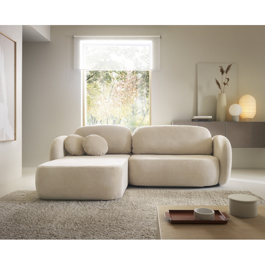 Hjørnesofa med sovefunktion og opbevaringsplads i L-form OLBIA venstrevendt beige