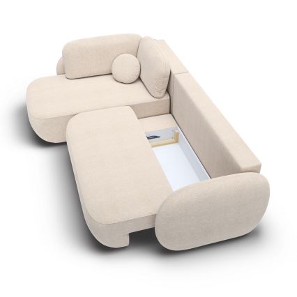Hjørnesovesofa med sovefunktion og opbevaring i L-form OLBIA, venstrevendt, beige