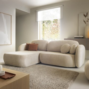 Hjørnesovesofa OLBIA, L-formet, venstrevendt, med sovefunktion og opbevaring, beige