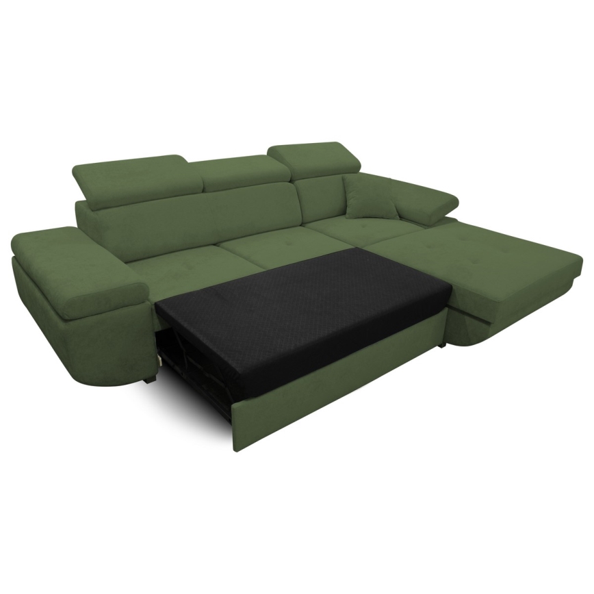 Højrevendt L-formet hjørnesofa med sovefunktion og opbevaringsplads CASTELO, grøn