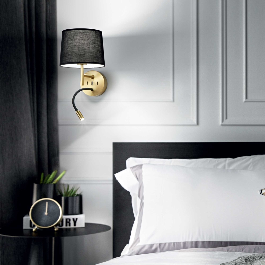 Ideal Lux - LED Fleksibel lampe med et beslag SÆT 1xE27/42W + LED/3W/230V CRI 90 USB guldfarvet
