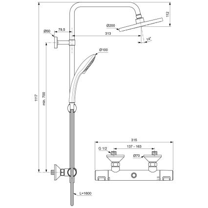 Ideal Standard A7208AA - Brusesæt med termostatisk armatur CERATHERM T25, blank krom