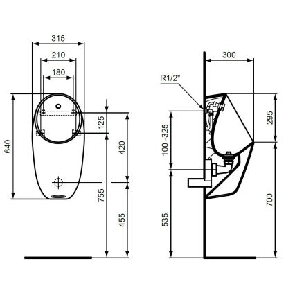 Ideal Standard E253701 - I.LIFE urinal med bagtilslutning, bagudløb, keramik/hvid