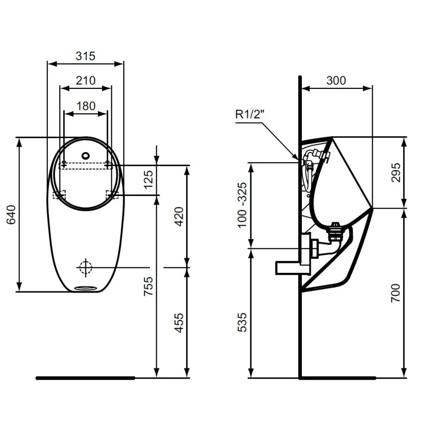 Ideal Standard E253701 - I.LIFE urinal med bagtilslutning, bagudløb, keramik/hvid