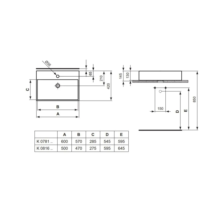 Ideal Standard K081601 - STRADA håndvask til bordplade 50x42 cm keramik/hvid