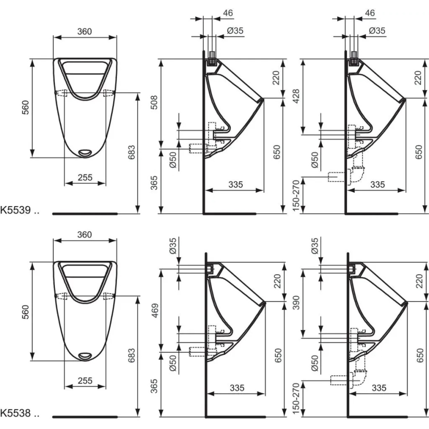 Ideal Standard K553901 - EUROVIT urinal med topindløb og bagudløb, keramik/hvid