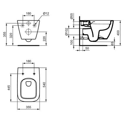 Ideal Standard T461401 - Væghængt toilet uden skyllekant I.LIFE B keramik/hvid