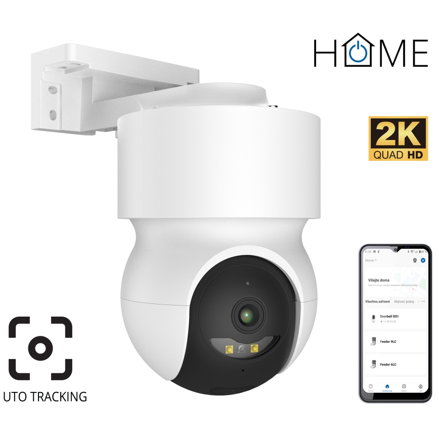 Smart udendørskamera med bevægelsessensor, 2K, 12V, IP65, Wi-Fi, Tuya, hvid