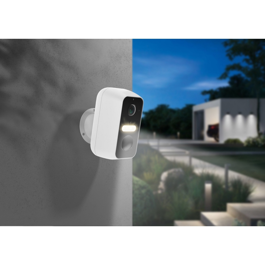 Smart udendørskamera med bevægelsessensor, 2K-opløsning, 9600 mAh batteri, IP65, Wi-Fi, Tuya, hvid