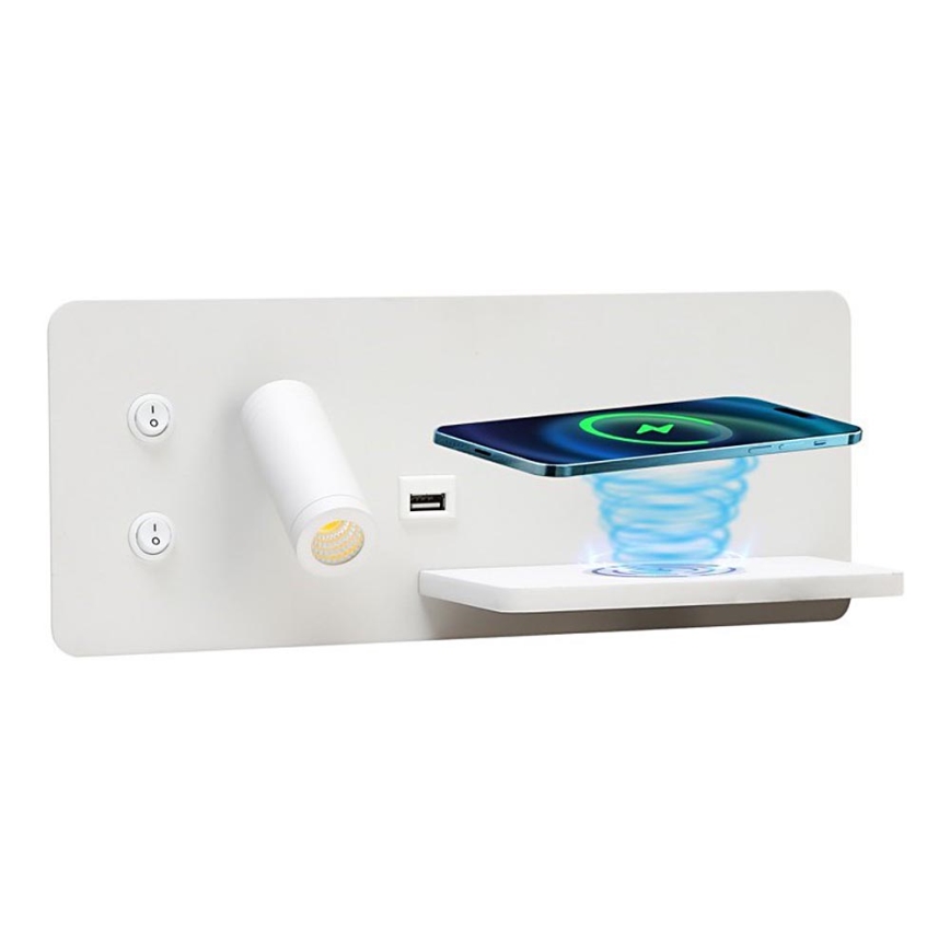 Immax 08285L - LED vægspot m. hylde + USB-port og trådløs opladning Be PREPARE LED/3W/230V hvid