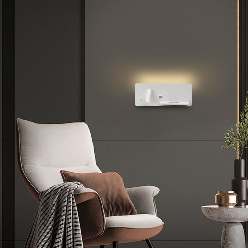Immax 08285L - LED vægspot m. hylde + USB-port og trådløs opladning Be PREPARE LED/3W/230V hvid