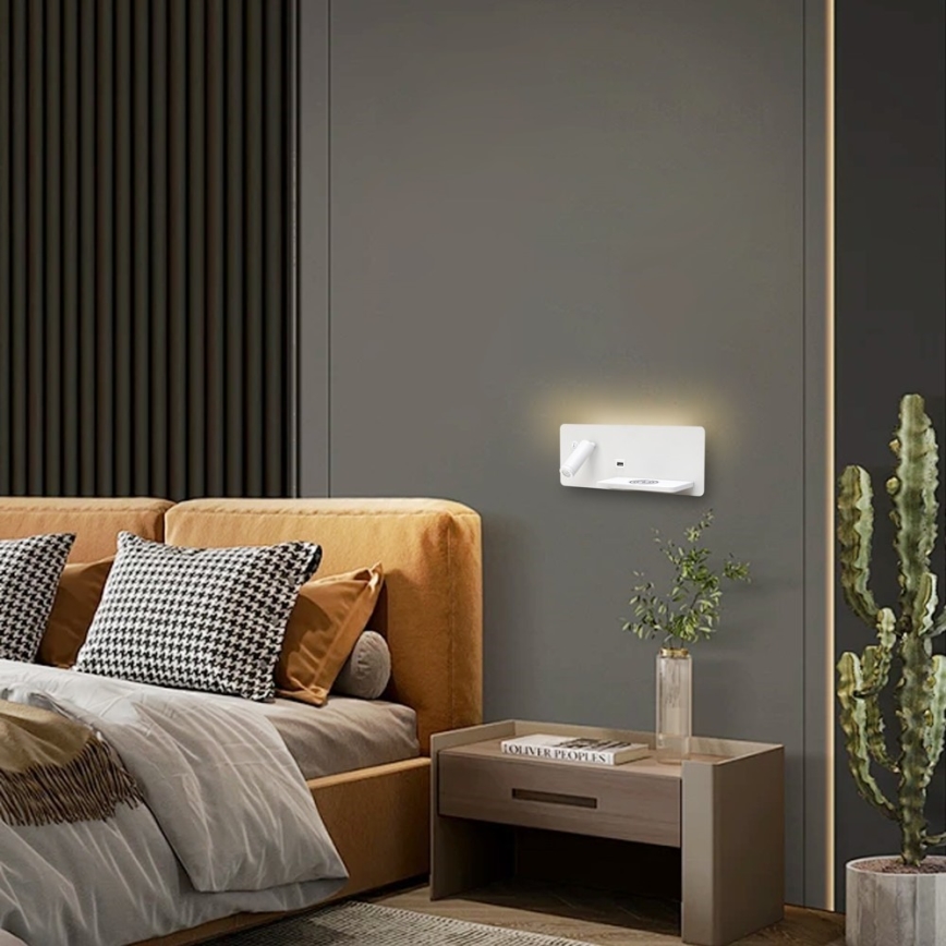 Immax 08285L - LED vægspot m. hylde + USB-port og trådløs opladning Be PREPARE LED/3W/230V hvid
